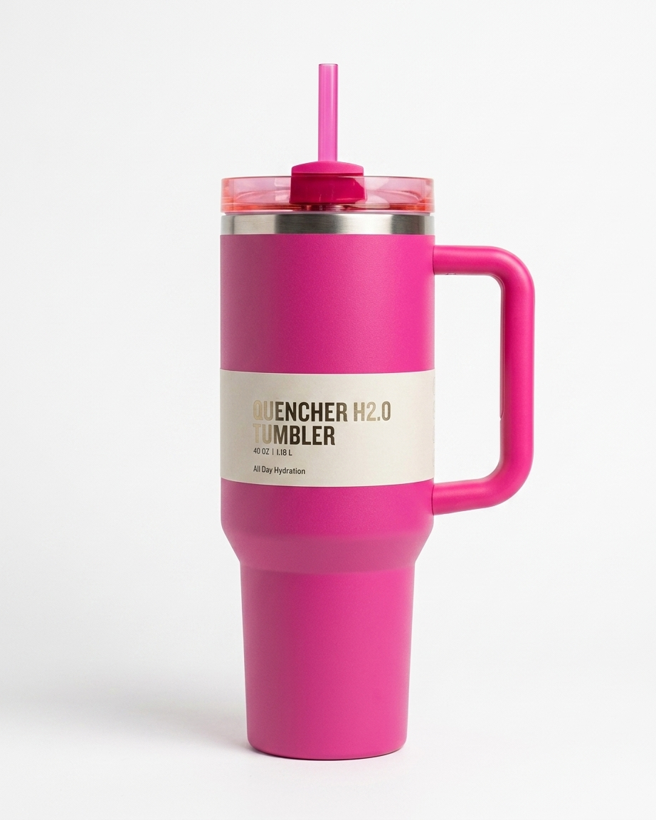 A bright pink insulated travel tumbler with a matching pink handle and straw, featuring a cream paper band label that reads 'QUENCHER H2.0 TUMBLER' on a clean white background.