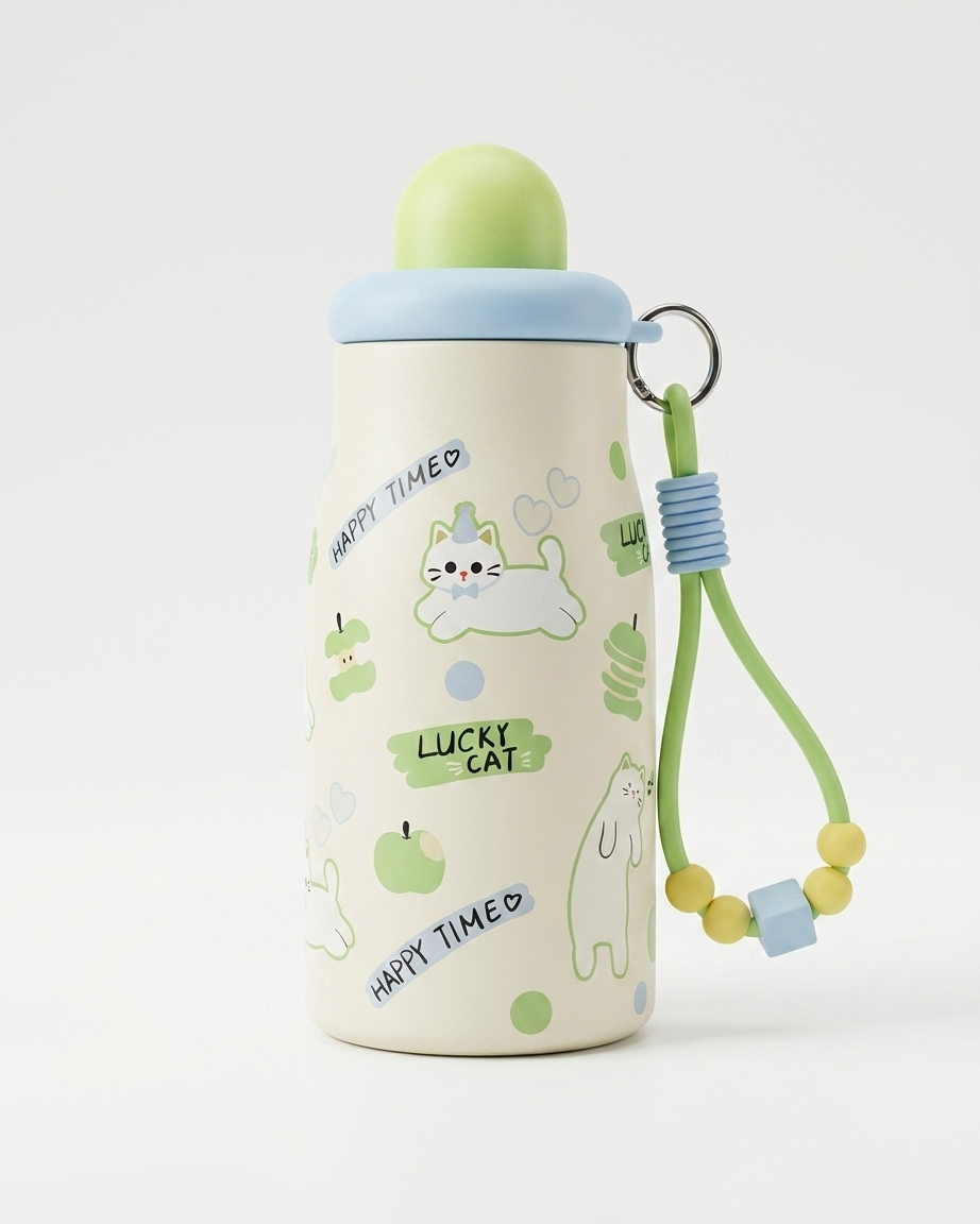 A cute, insulated stainless steel water bottle with a light green lid and a matching green wrist strap. The bottle body is cream-colored with illustrations of a white cat, green apples, and text reading 'HAPPY TIMED' and 'LUCKY CAT'.