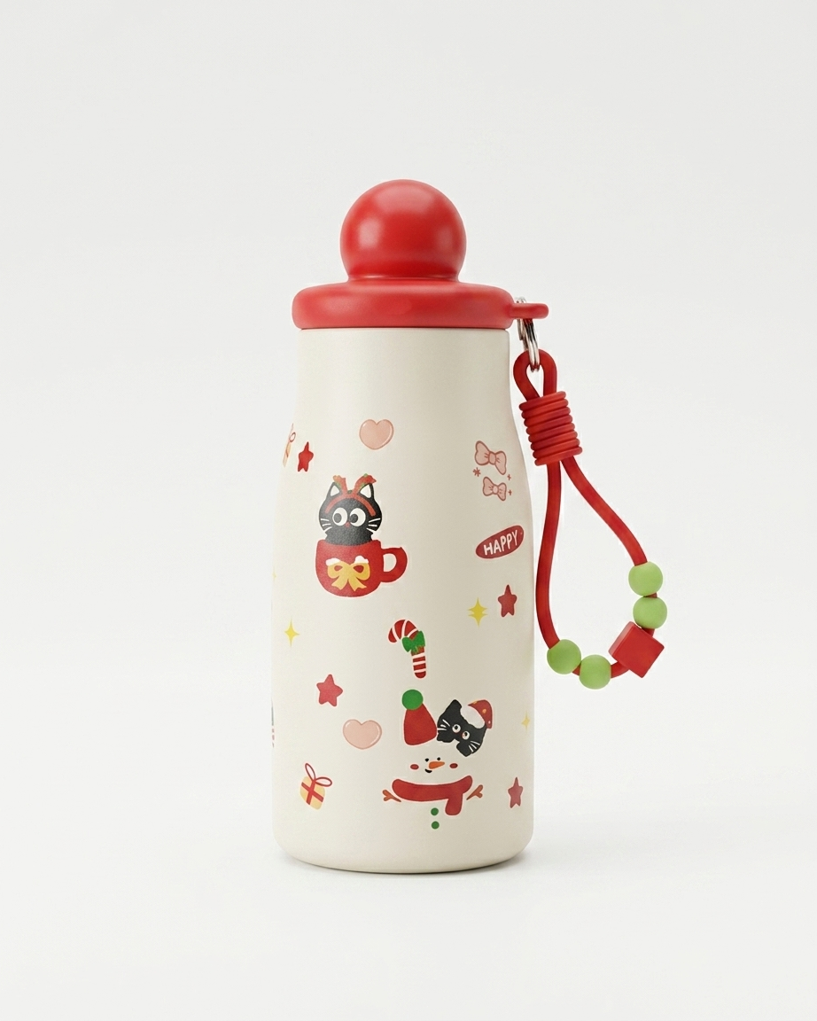 A cream-colored insulated water bottle with a red lid and a red carrying strap adorned with green beads. The bottle is decorated with festive Christmas illustrations, including a cat in a mug, candy canes, stars, and a Santa hat.