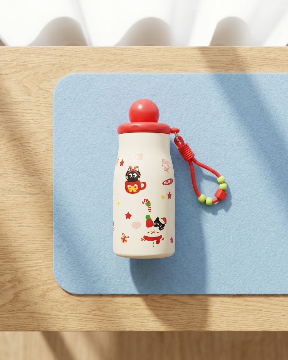 A small insulated bottle with a red cap and red carrying strap, decorated with cute cartoon characters and small colorful icons, resting on a light blue mat over a wooden table.