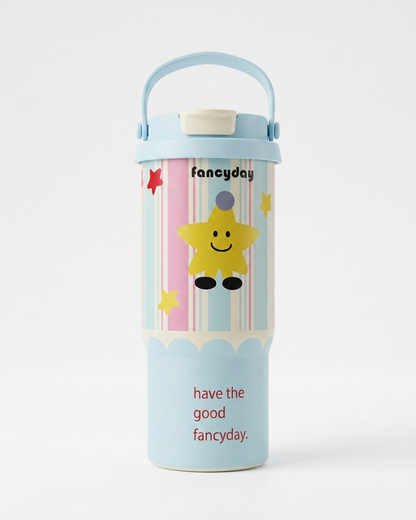 A light blue insulated water bottle with a handle, featuring a colorful printed design of a yellow star character on pink and white vertical stripes, with the text 'fancyday' and 'have the good fancyday.'.