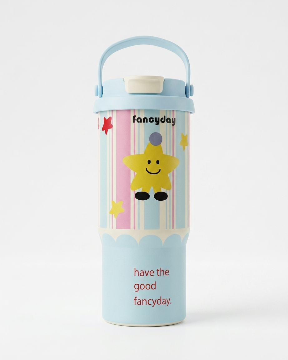 A light blue insulated water bottle with a handle, featuring a colorful printed design of a yellow star character on pink and white vertical stripes, with the text 'fancyday' and 'have the good fancyday.'.