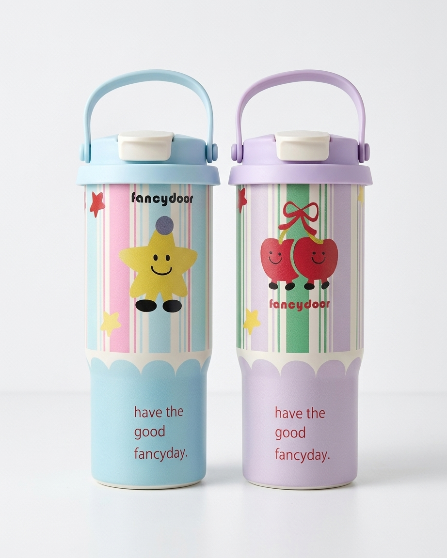 Two cute kids' water bottles side by side on a white background. The left bottle has a light blue lid and handle, featuring a yellow star character and the text 'fancydoor' and 'have the good fancyday.