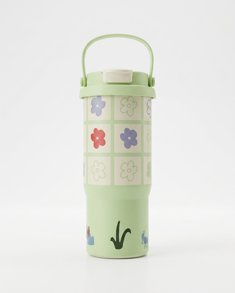 A light green insulated travel tumbler with a matching carry handle lid, decorated with a grid of colorful flowers and small botanical illustrations near the base, set against a plain white background.
