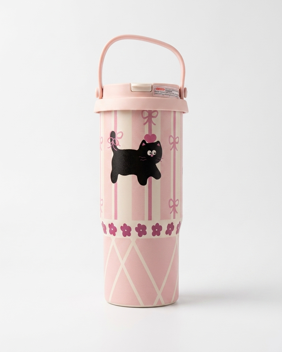 A pink travel tumbler with a matching handle lid, featuring a black cat illustration, pink bow and stripe patterns, and a floral band near the bottom, set against a plain light gray background.
