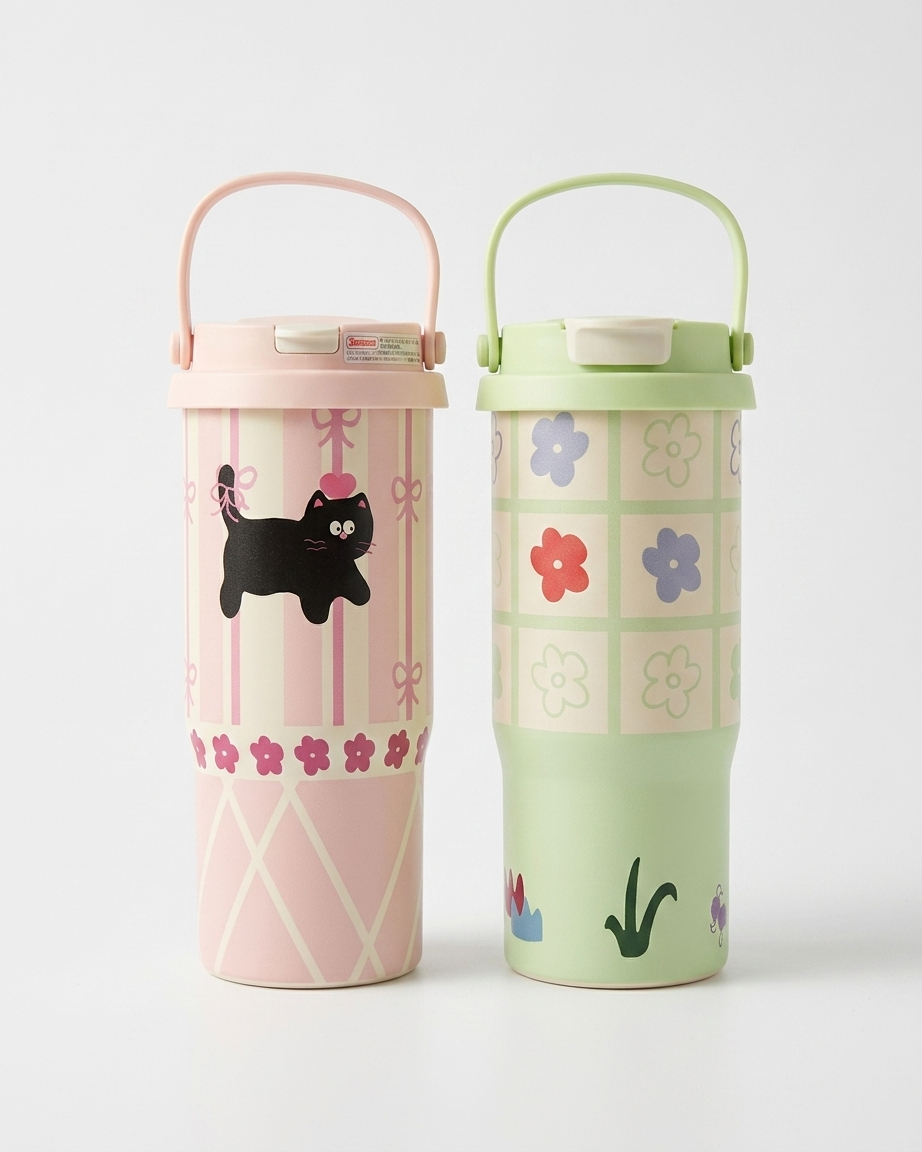 Two insulated travel tumbler cups with carry handles on a light gray studio background. The left cup is pale pink with a black cat illustration, pink bows, and floral patterns.