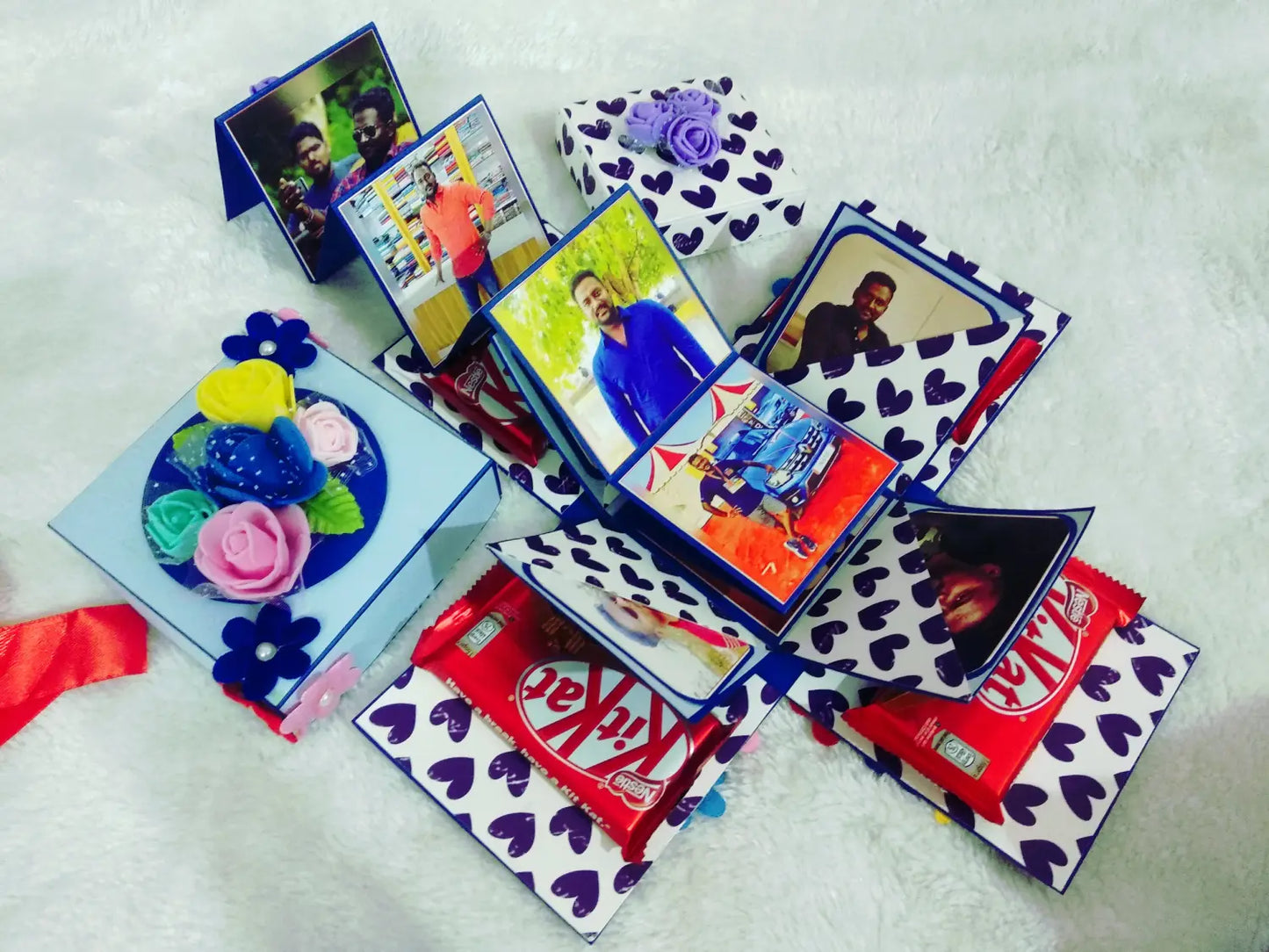 Handmade Blue Floral Explosion Box with Chocolates & Photo Slots | 2-Layer Gift Box