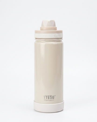 A beige insulated water bottle with a matching beige flip-top lid and white base, shown on a clean white background. The brand name 'TYESO' is printed near the bottom.
