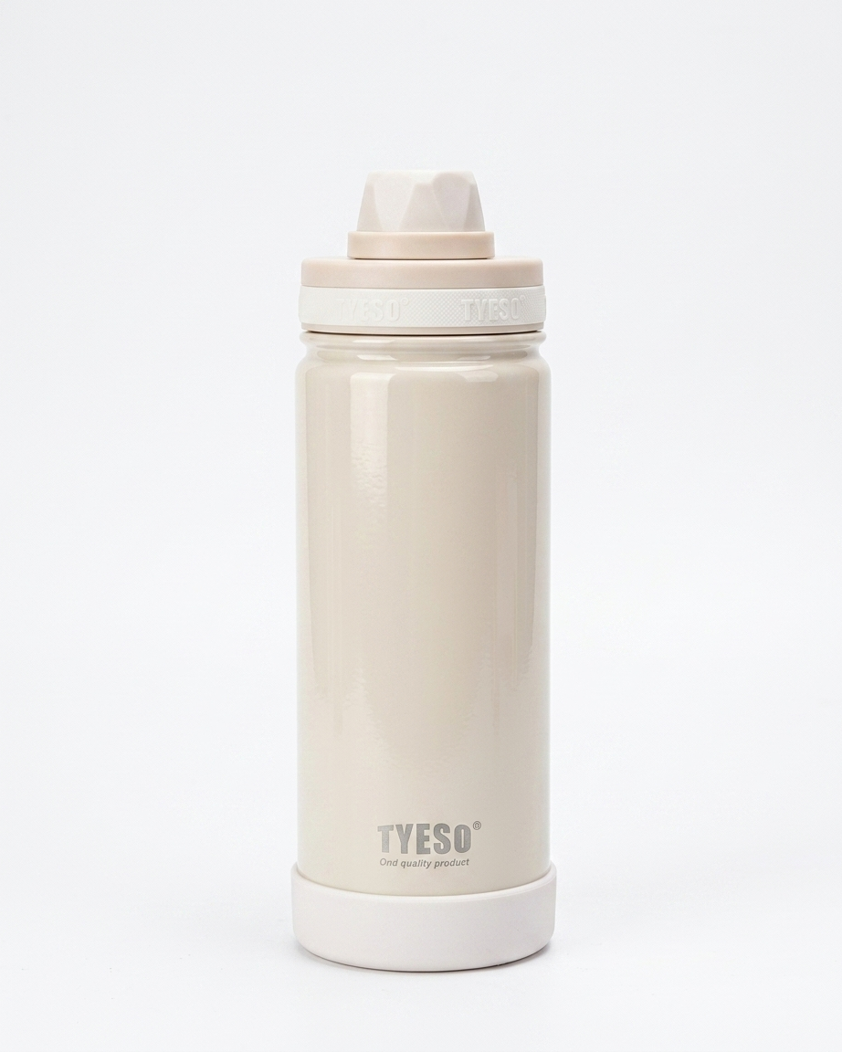 A beige insulated water bottle with a matching beige flip-top lid and white base, shown on a clean white background. The brand name 'TYESO' is printed near the bottom.