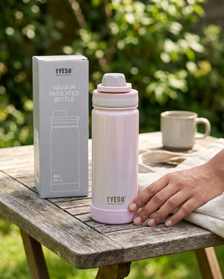 A light pink TYESO vacuum insulated bottle with a matching lid sits on a rustic wooden table outdoors, next to its gray product box. A person's hand rests on the bottle, with a mug and blurred green foliage in the background.