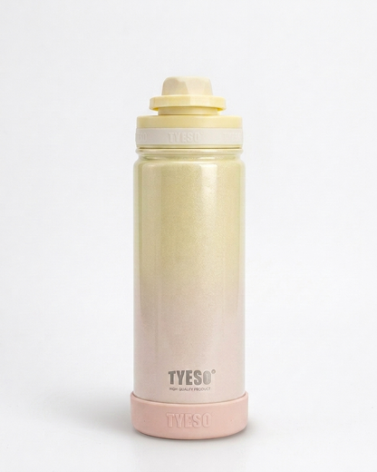 A TYESO insulated water bottle with a pale yellow to soft pink ombré finish, featuring a matching pale yellow lid and a pink base, set against a plain white background.