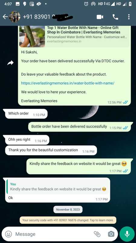 Everlasting memories customer review on whatsapp for water bottle with name