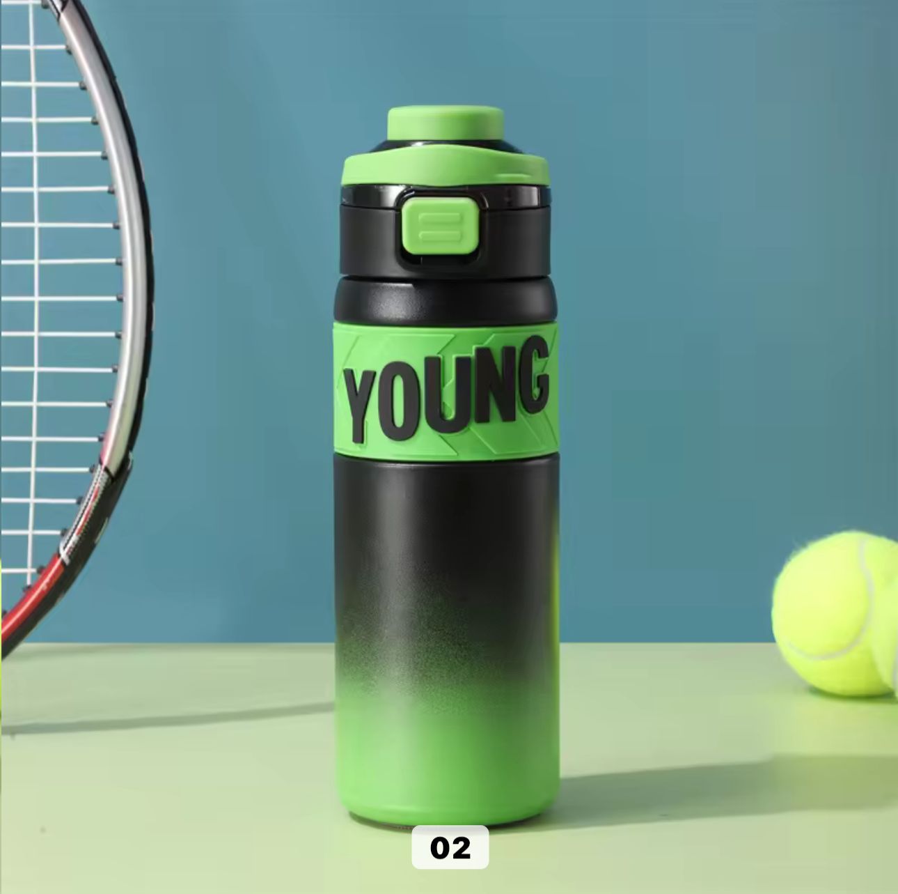 Green and black water bottle with 'YOUNG' branding on a tennis court background