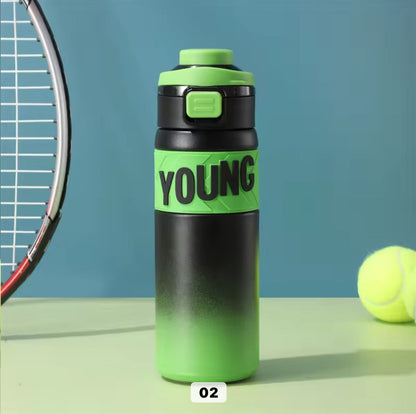 Green and black water bottle with 'YOUNG' branding on a tennis court background