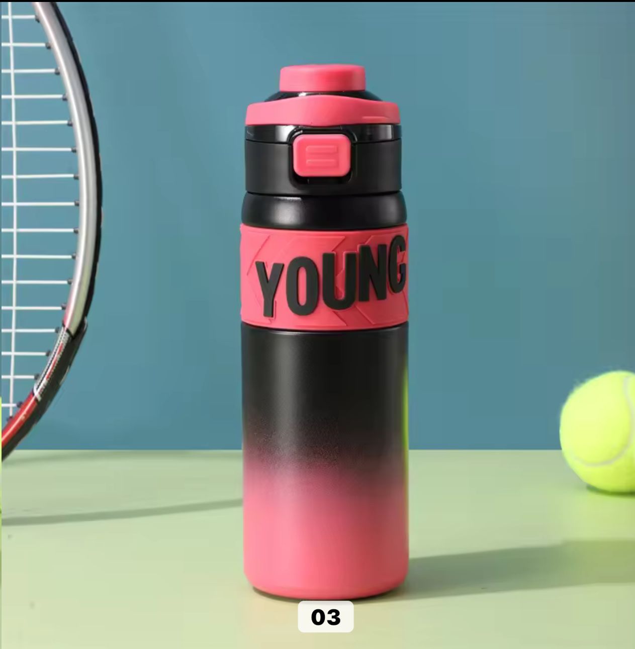 Pink and black water bottle with 'YOUNG' branding on a tennis court background