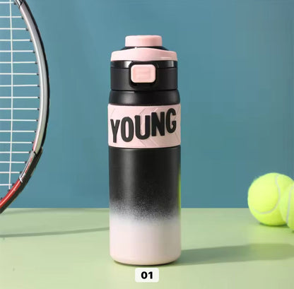 Gradient water bottle with 'YOUNG' text, tennis racket, and ball on a green surface with blue background