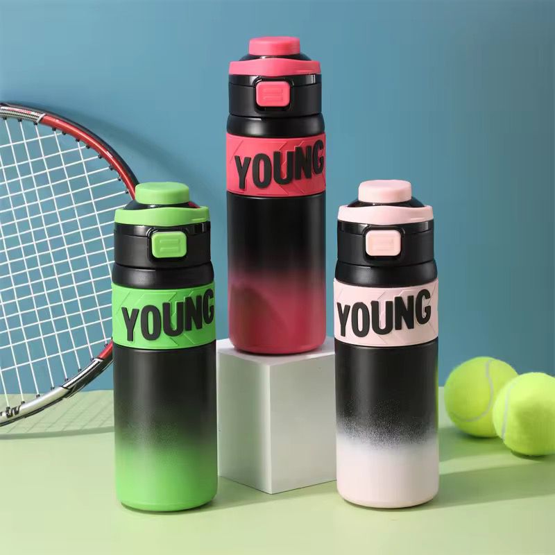 Three gradient water bottles with 'YOUNG' branding on a tennis-themed background.