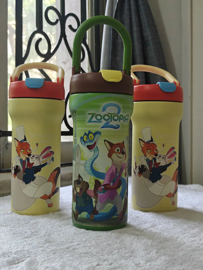 Three children's water bottles with cartoon characters on a white surface.