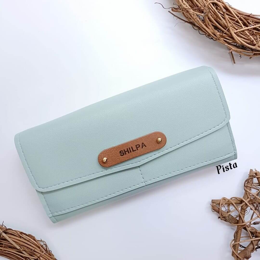 customised ladies wallet pista color