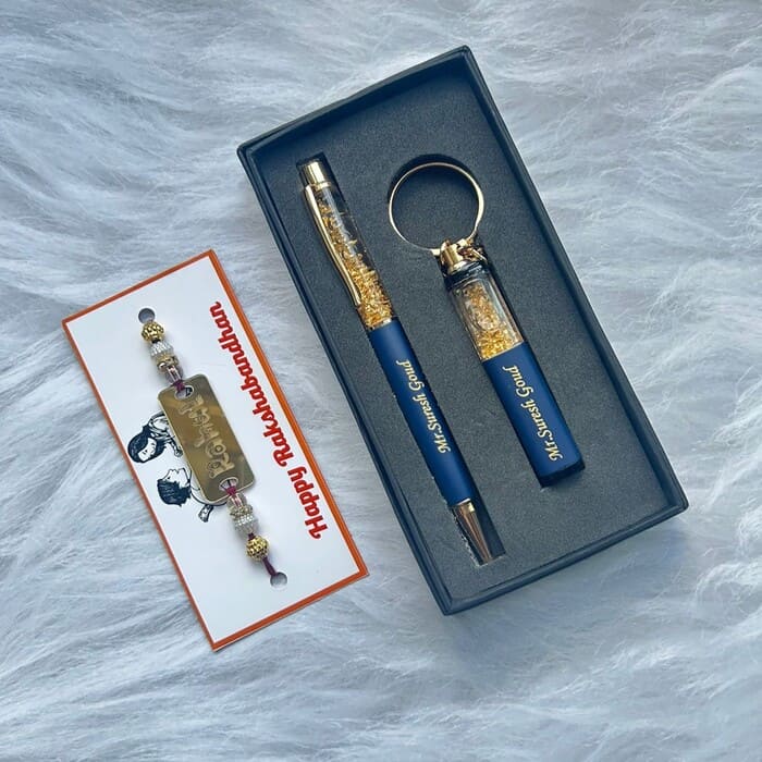 Gold Flake Pen and Keychain set with Acrylic Name Rakhi