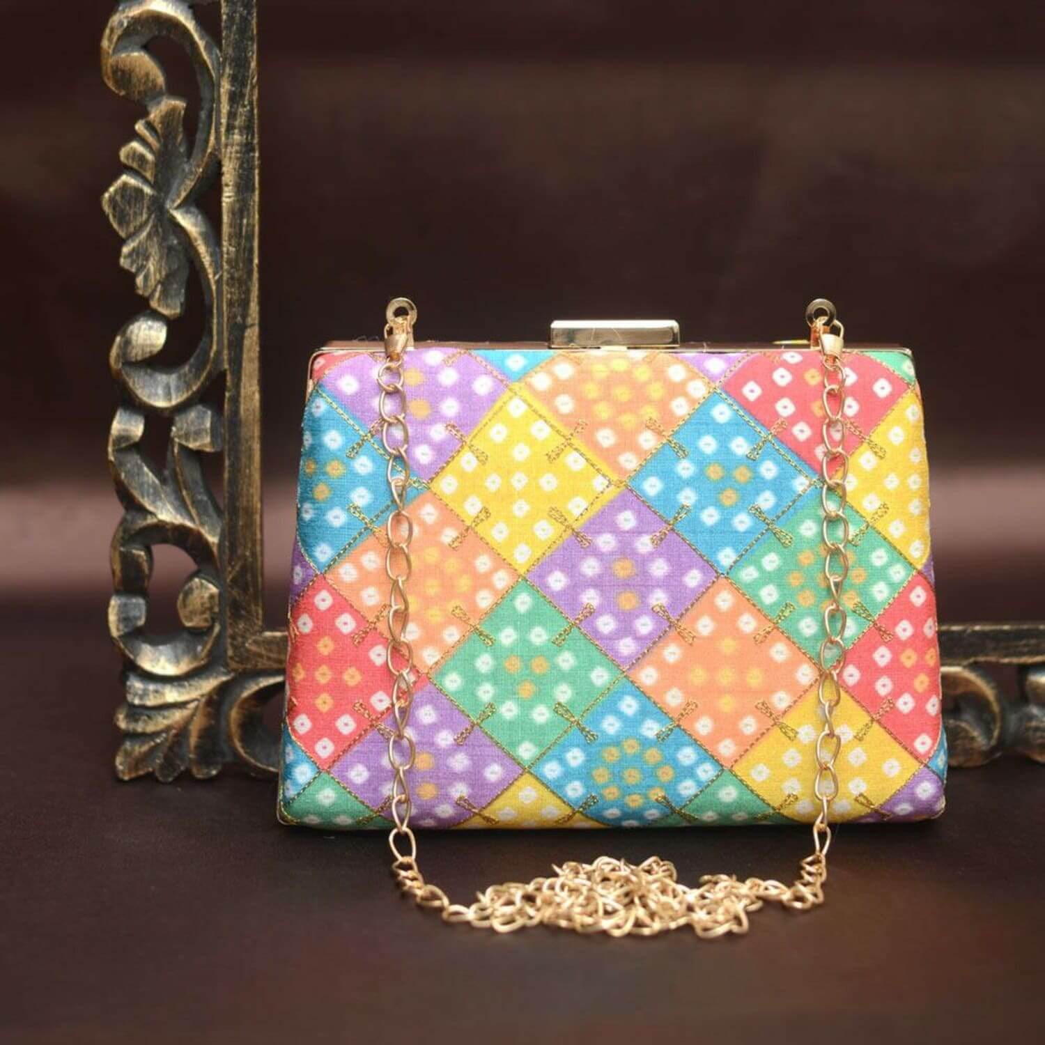 Bright colored Bandhani Embellished Ethnic Clutches, Purse with Metallic Strap